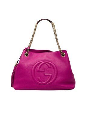 Gucci Interlocking G Soho Fringe Chain Shoulder Bag Pink Leather